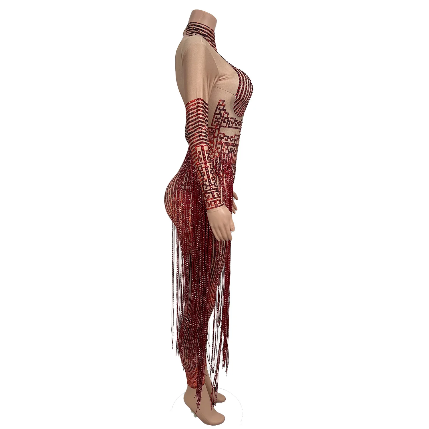 Sparkly Red Rhinestone Long Tassel Tight Fitting Jumpsuit Spandex Elastic Drag Queen Performer Wear gig Dance Outfit Hongloumeng