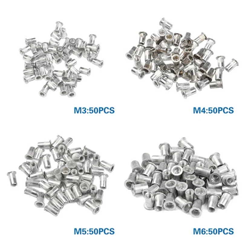 200pcs Aluminum Threaded Rivets Nut Set Insert Rivnut Nutsert Cap Rivet Nuts Flat Head Countersunk Head Rivet Nut M3 M4 M5 M6
