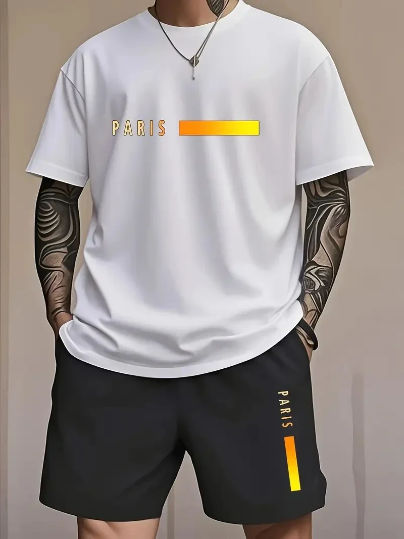 

Simple Solid Color Paris Letter Print T-shirt And Shorts 2-piece Set 2025 Summer Large Size Casual Men's Clothing Short Sleeve