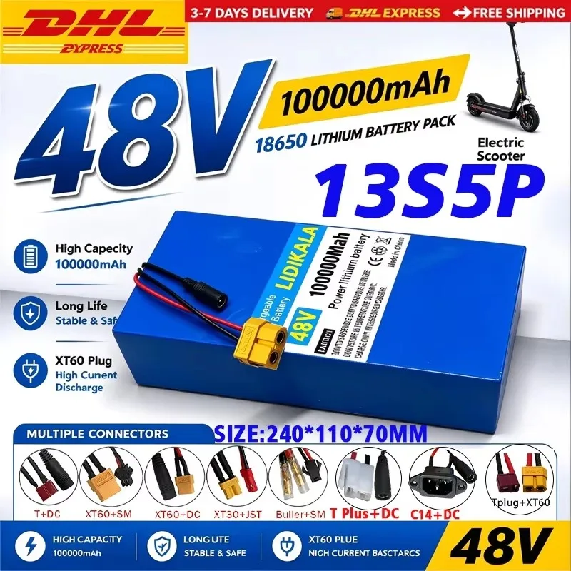 100% New 48V 13S5P 100000mAh Rechargeable Lithium Battery Pack with Built-in Intelligent BMS Protection, Suitable for Electric Bicycles and Electric Scooters