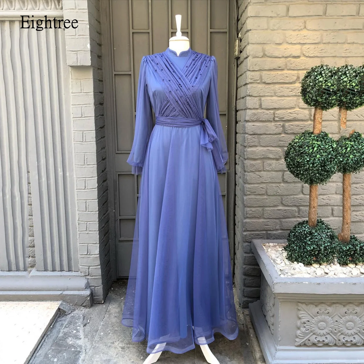 

Eightree Elegant A-line Prom Gowns Long Sleeves Formal Party Gown Bead Saudi Long Evening Dress vestidos de fiesta Customized