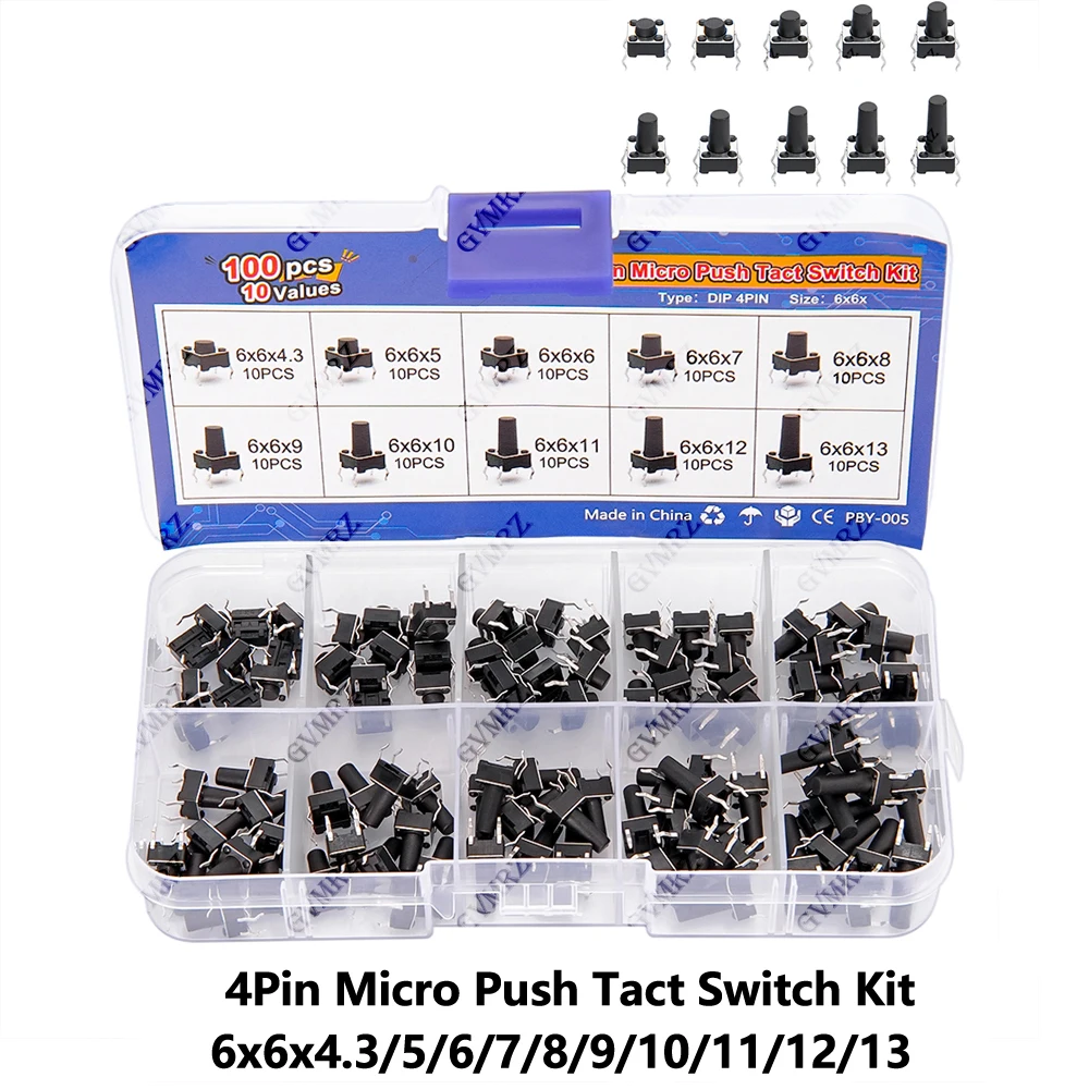 100PCS 10Values 6x6 DIP 4Pin Micro Push Tact Switch Kit for Electronics DIY Projects 6x6