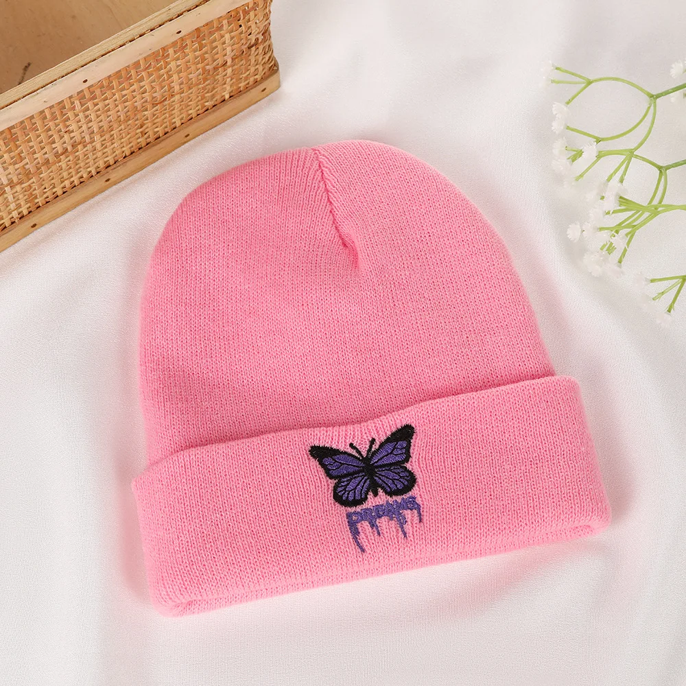 Stylish butterfly embroidered knitted hat Alphabet multicolor premium embroidered hat knitted winter warm woolen hat