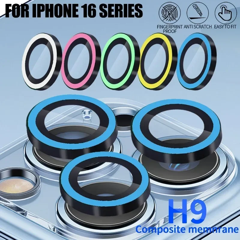 Kaca kamera keramik bercahaya untuk iPhone 16 Pro Max 16Plus cincin Film pelindung lensa multiwarna topi pelindung cahaya kaca Tempered