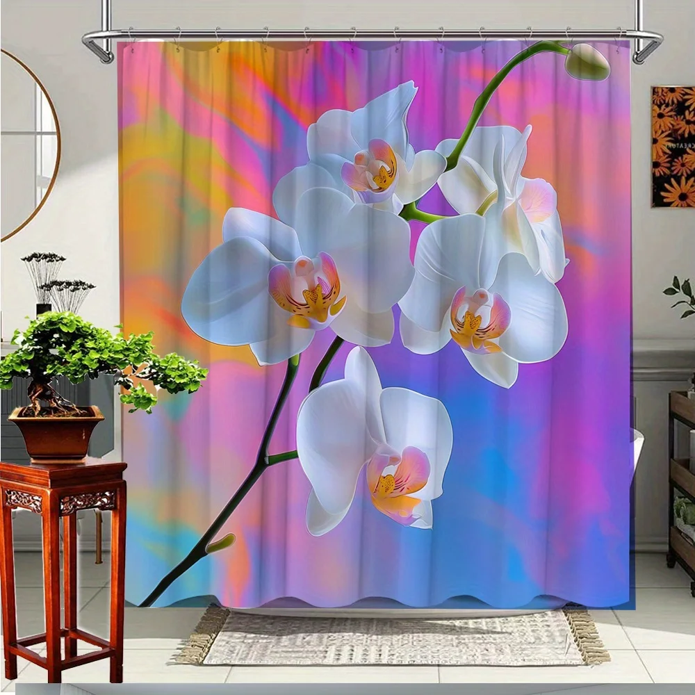 

1pc Colorful Orchid Shower Curtain Elegant Bathroom Decor Polyester Fabric Bathtub Partition Curtain Includes 12 Hooks