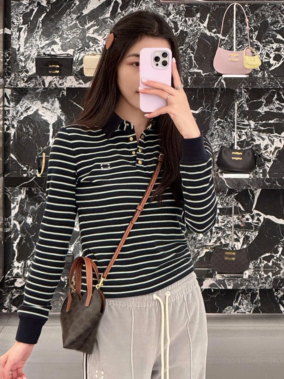 

Long Sve Knitted Sweater Collar Embroidered Gold Button Blue een Striped Women's Faion Slim Fit Wool Blend Top