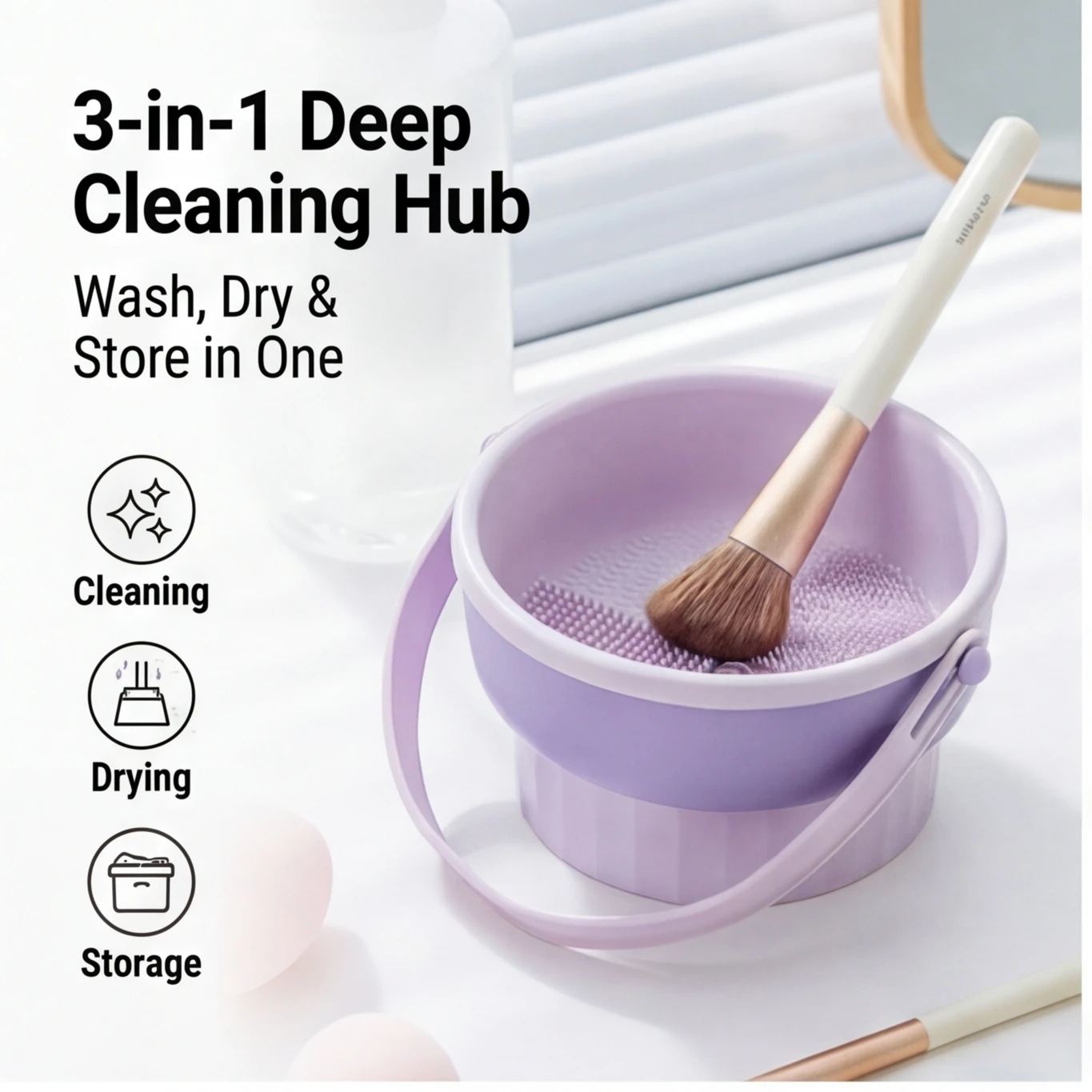 Silicone Makeup Brush Cleaning Bowl, Beauty Egg Tool with Drying Shelf – Storage Set for Powder Puff & Brushes