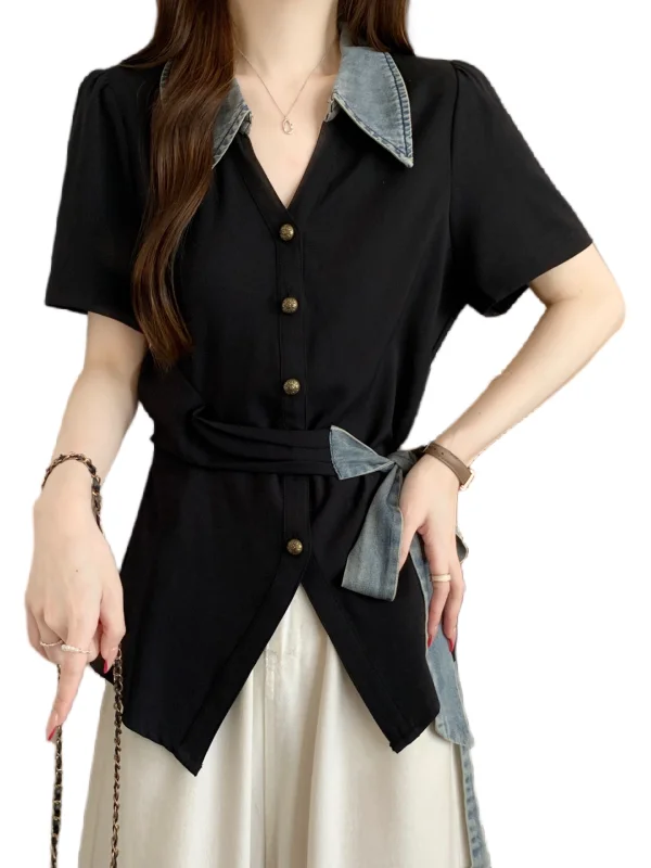Slimming V-Neck Short Sleeve Denim Shirt Women's Summer 2026 plus Size Tie Waist  Knot Top Korean Style Commute Wind