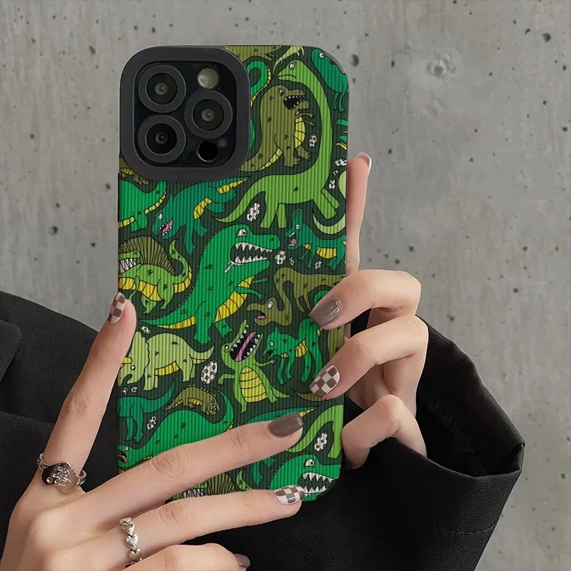 Stylish Cute Green Graffiti Dinosaur Phone Case For iPhone 16 15 14 13 12 11 Pro MAX XR X XS Plus Cartoon Animal Silicone Cover