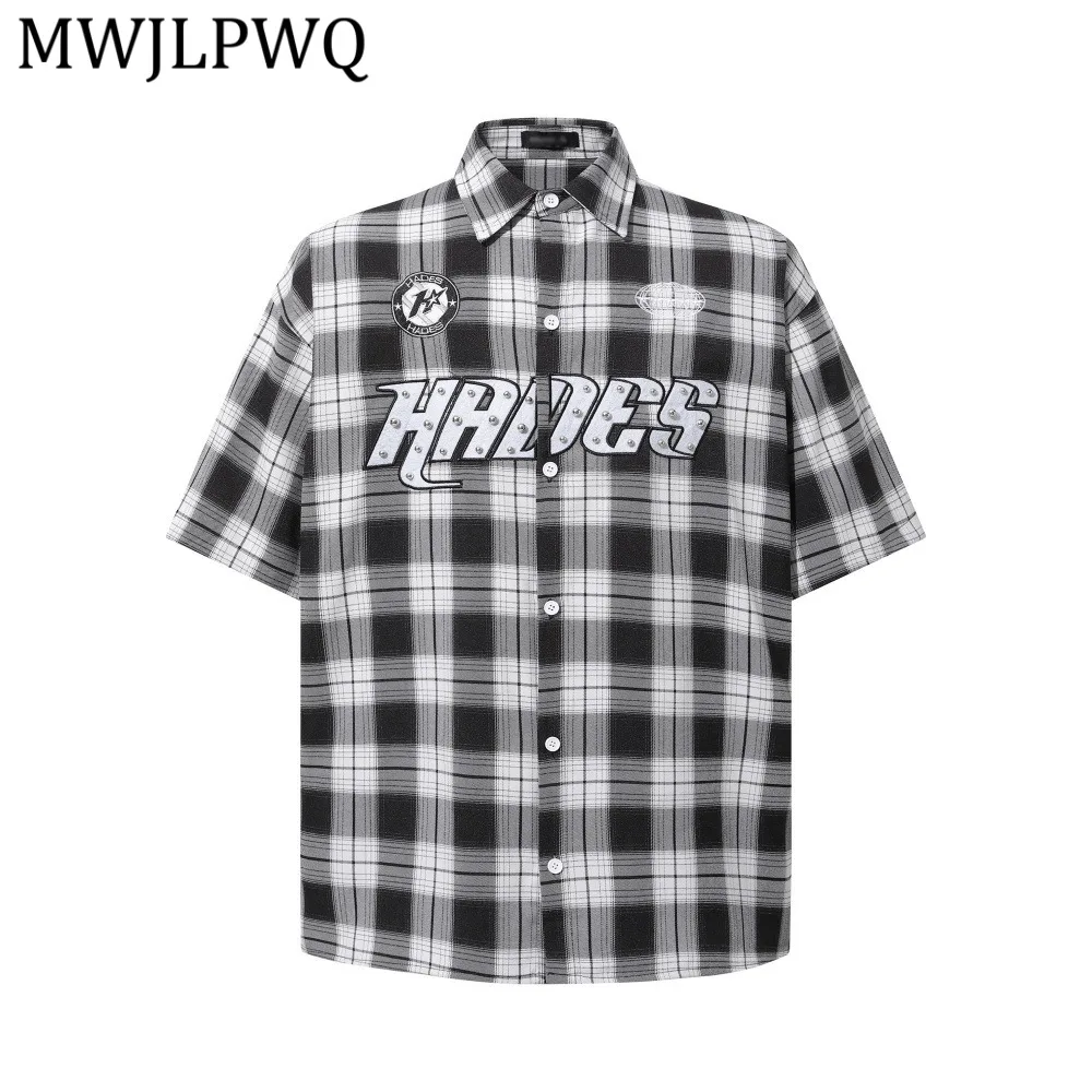 

MWJLPWQ Summer Plaid Short-Sleeve Shirt For Men American Street Fashion Letter Patch Embroidery Loose Casual Tops Trendy 14533