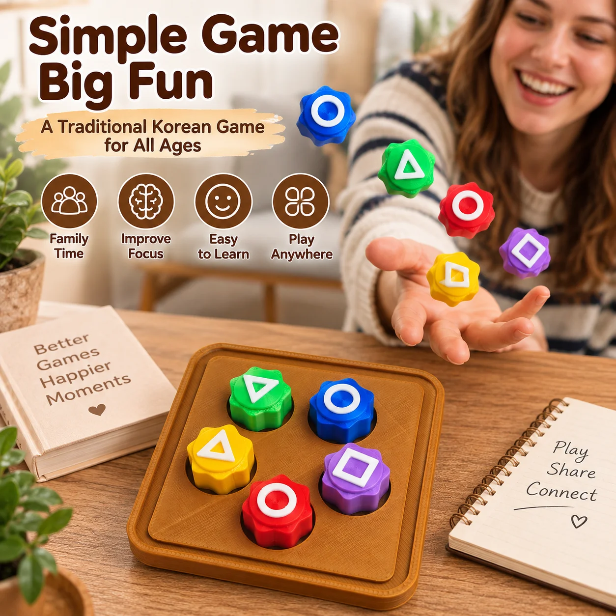 5Pcs Korean Gonggi Game Set, Traditional Style, Colorful Stones With Triangle Square Circle Symbols & Display Storage Tray