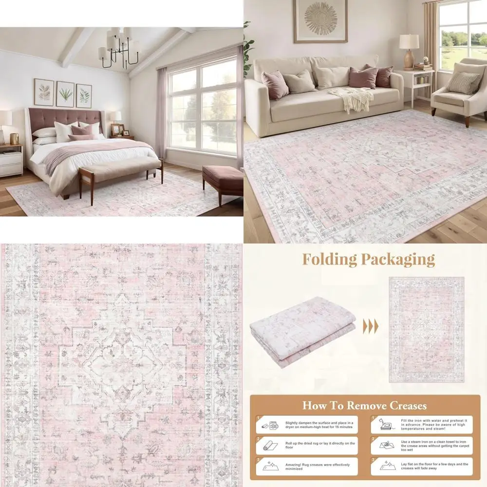 

Boho Pink 6x9 Rug, Soft Low-Pile Carpet for Girls' Bedroom, Washable and Non-Slip, Suitable for Living Room, Nursery, and Playro