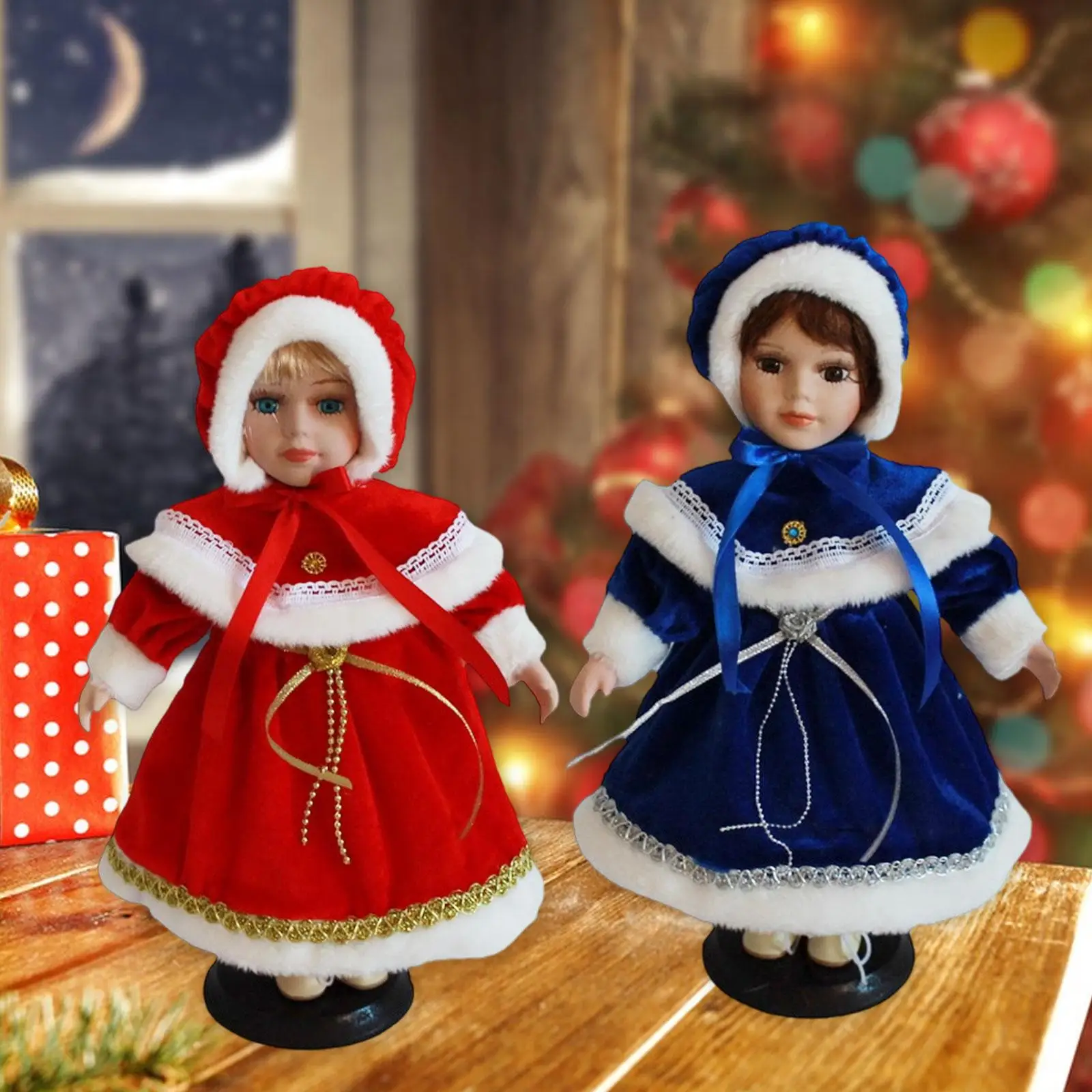 벨벳 드레스를 입은 도자기 인형 사랑스러운 구식 드레스업 세라믹 인형