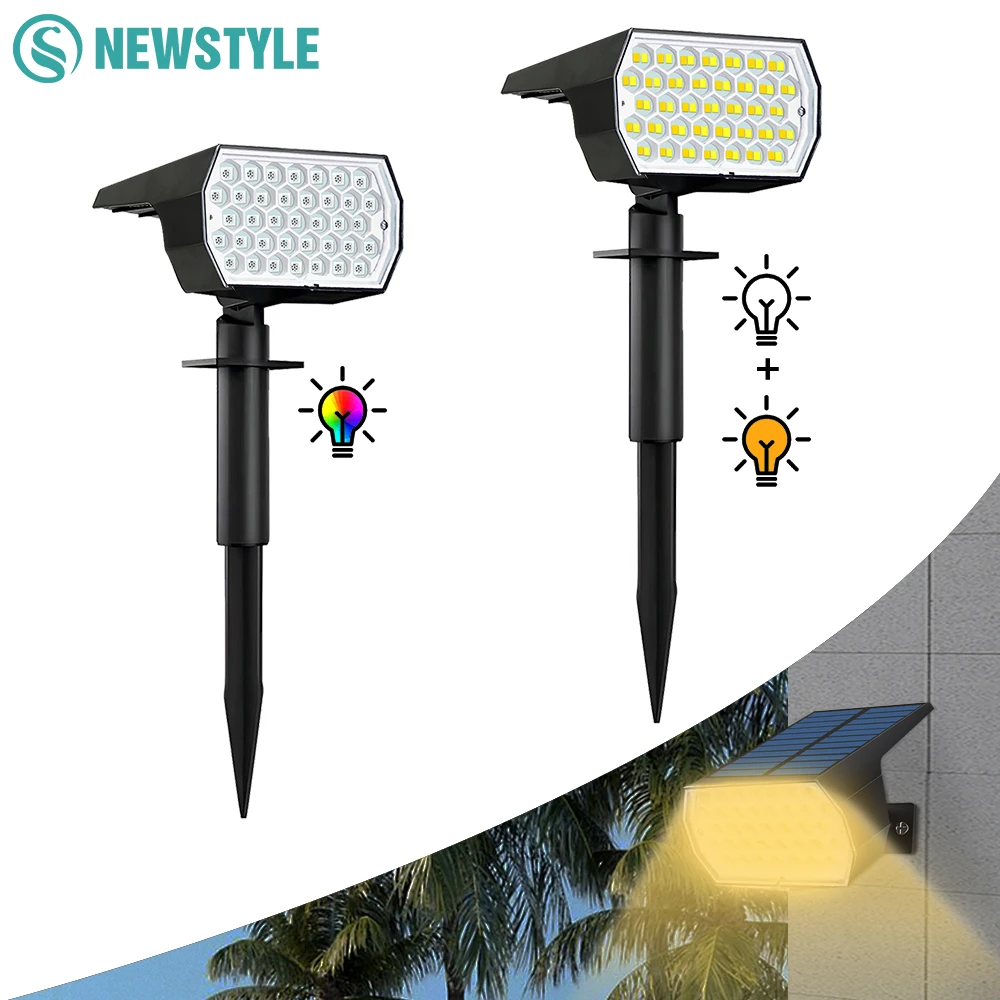 2024 New LED Solar Landscape Spotlights 74 LED Tricolor Light Waterproof  37 LED RGB Solar Garden Wall Lights Yard Lawn Pathway