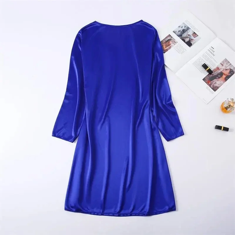 220129005Spring  summer long-sleeved thin imitation silk nightdress women's fashion V-neck lace sexy mid-length nightwear home