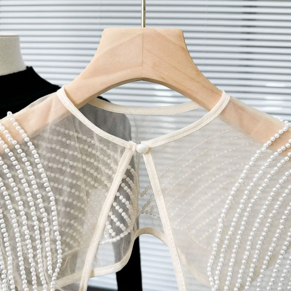 ปกเสื้อผ้าลูกไม้ปักลายออร์แกนซ่าสำหรับผู้หญิง ปกเสื้อปลอมแบบผูกเชือก ผ้าคลุมไหล่ลายดิงจู ปกเสื้อคลุมปลอม