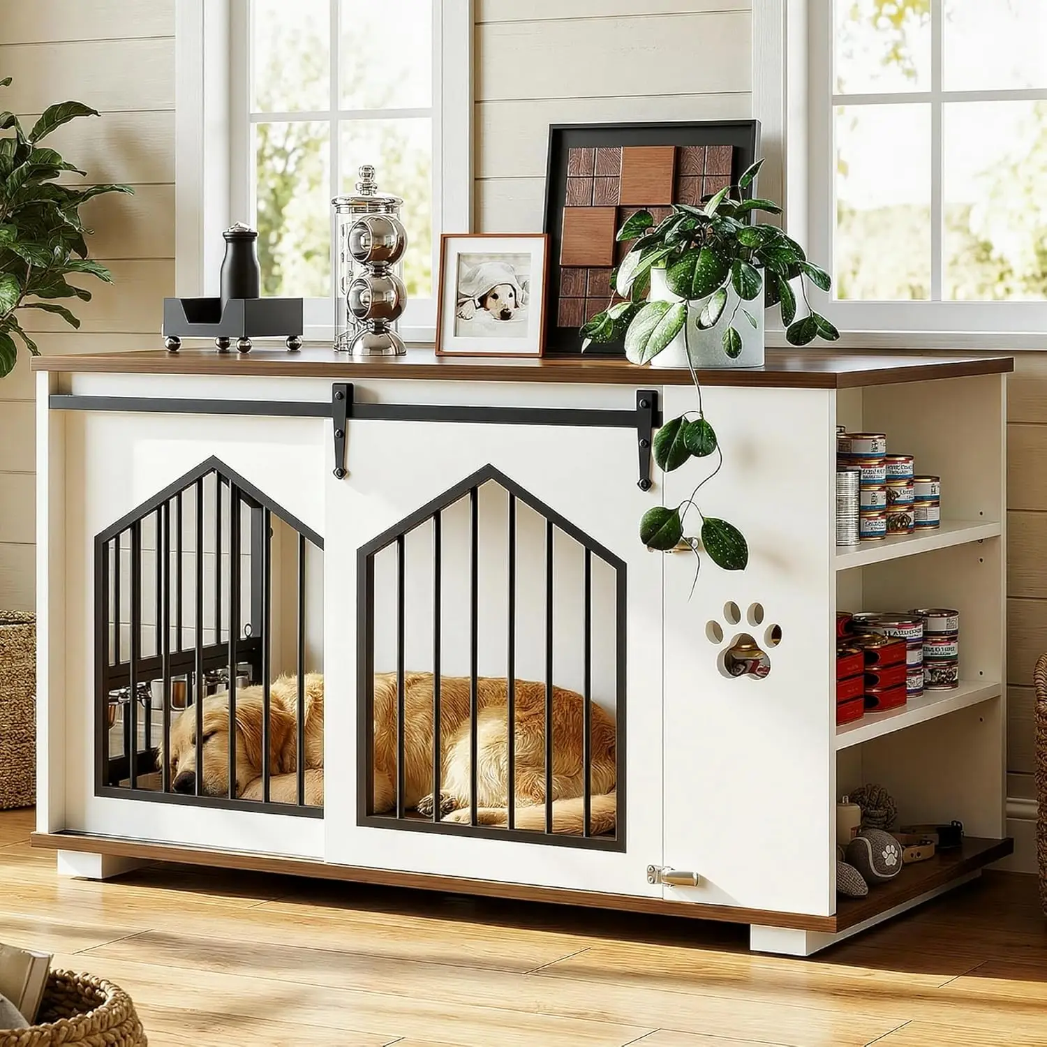 

Large Dog Crate Furniture with 2 Rotatable Dog Bowls, Wooden Dog Kennel with 2 Adjustable Shelves