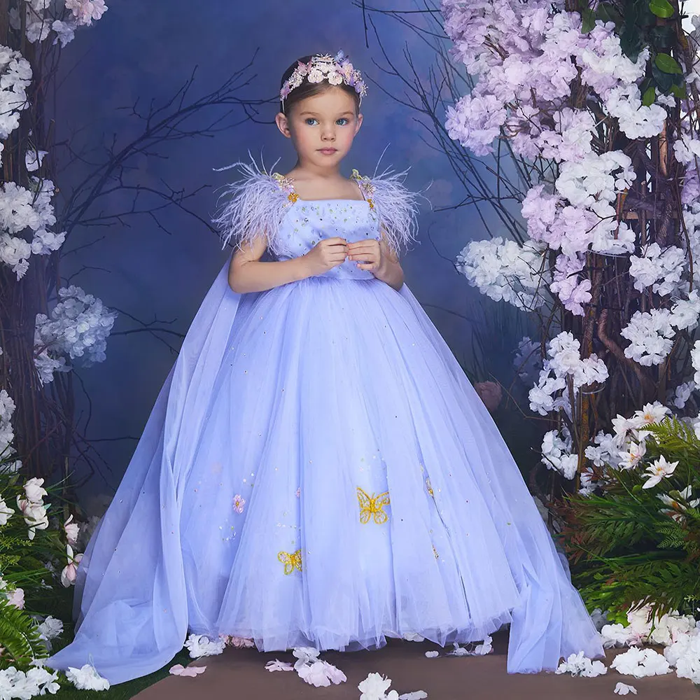 Vestido lila de flores para niña, prenda de lujo para boda, aplique con capa, pluma, fiesta de cumpleaños, comunión, 2024