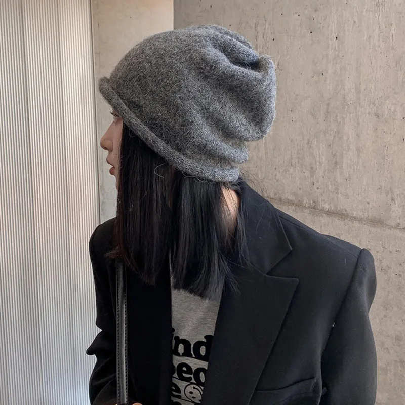 New Popular Unisex Solid Color Wool Cashmere Winter Hat For Woman Edege Curl Cashmere Beanies Female Warm Wool Skullies Gift Cap