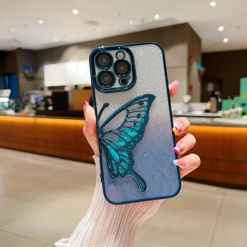 Luxury Quicksand Glitter Butterfly Soft Phone Case For iPhone 11 12 13 14 15 16 Pro Max Camera Protection Shockproof Clear Cover