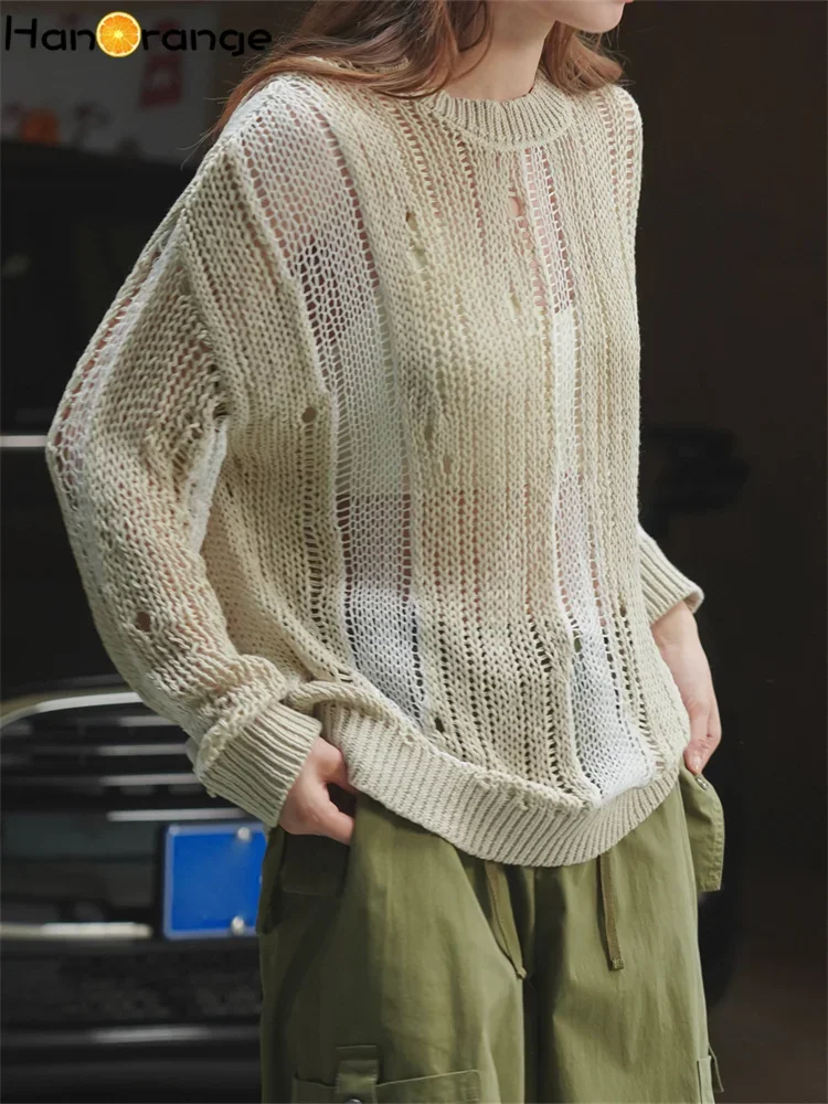 HanOrange 2024 Spring Slouchy Hollow Patchwork Sweater Loose Lightweight Fluffy Knitted Top Female Blue Coffee/khaki White