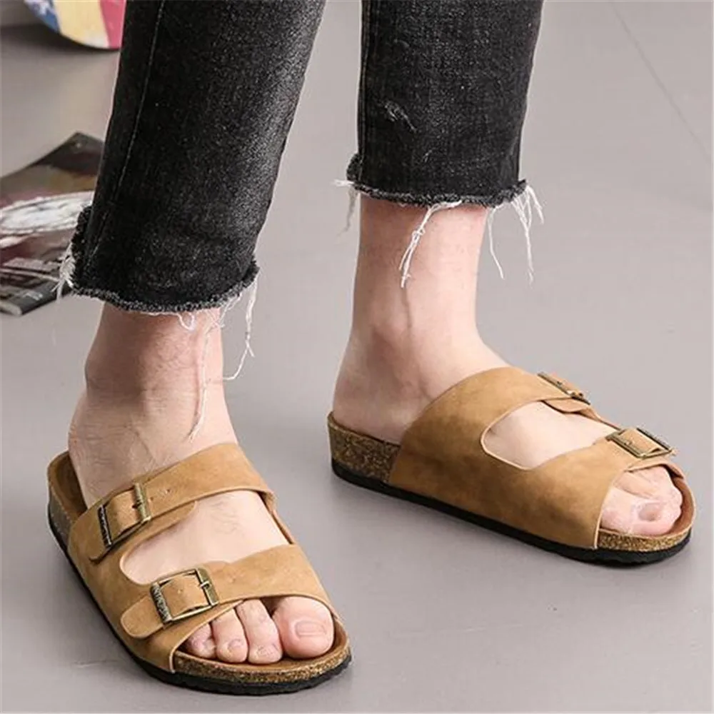 2024 New Summer Men\'s Cork Slippers Flats Flock Mule Clogs Sandals Soft Male Two Buckle Beach Slides Footwear For Men Shoe Black