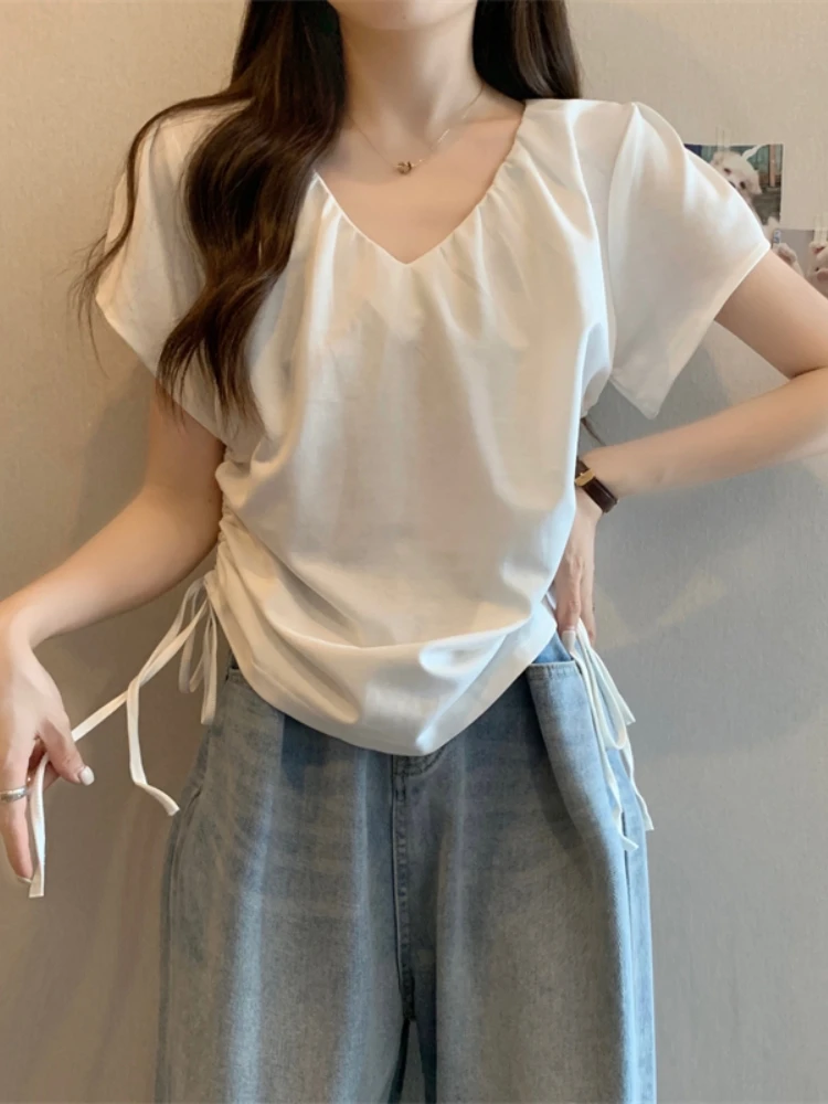 Slimming V-Neck Short Sleeve T-Shirt Women's Summer Fashion plus Size Conceals Belly Drawstring Casual Korean Style Cotton Top