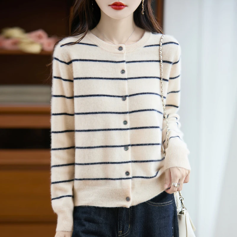 

100% мериносовая шерсть, полосатый кардиган с круглым вырезом, повседневный универсальный свитер с длинными рукавами, женский осенне-зимний стильный минималистичный трикотаж