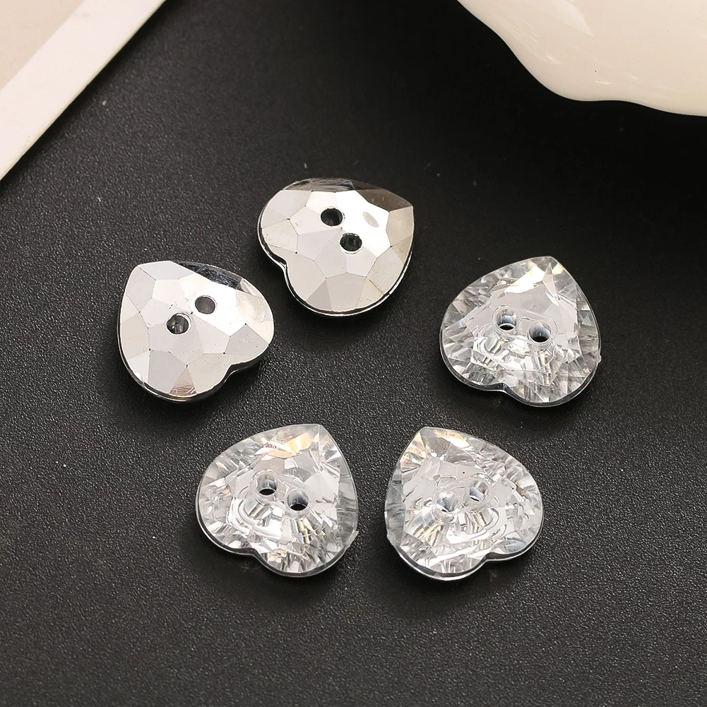 6pcs15mm AB Silver Crystal Heart Buttons 2 Holes Glass Prism Faceted Clothing Decoration Crafts DIY Handmade Sewing Clothes