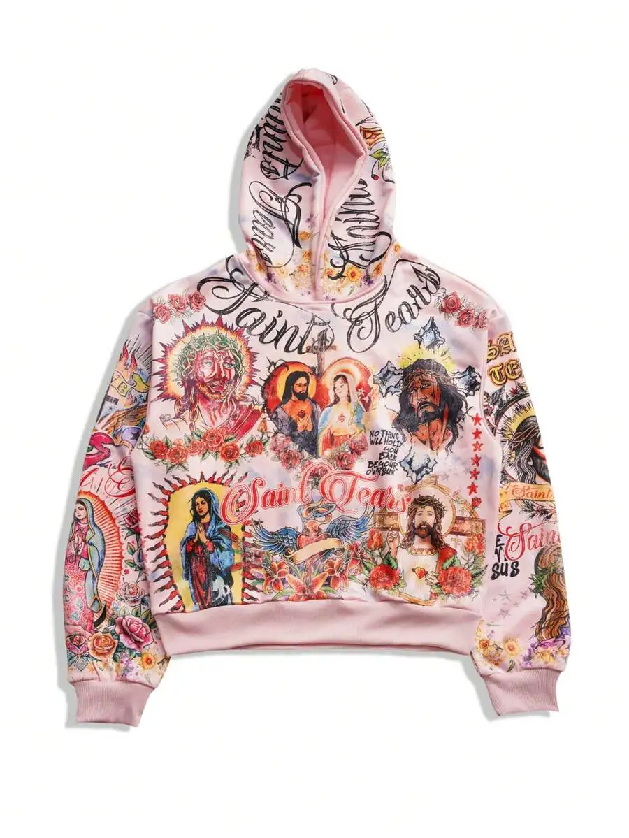 Men's Streetwear Graphic Print Hoodie with Religious Art Motif, Pink, Long Sleeve, Casual Fall Winter Top