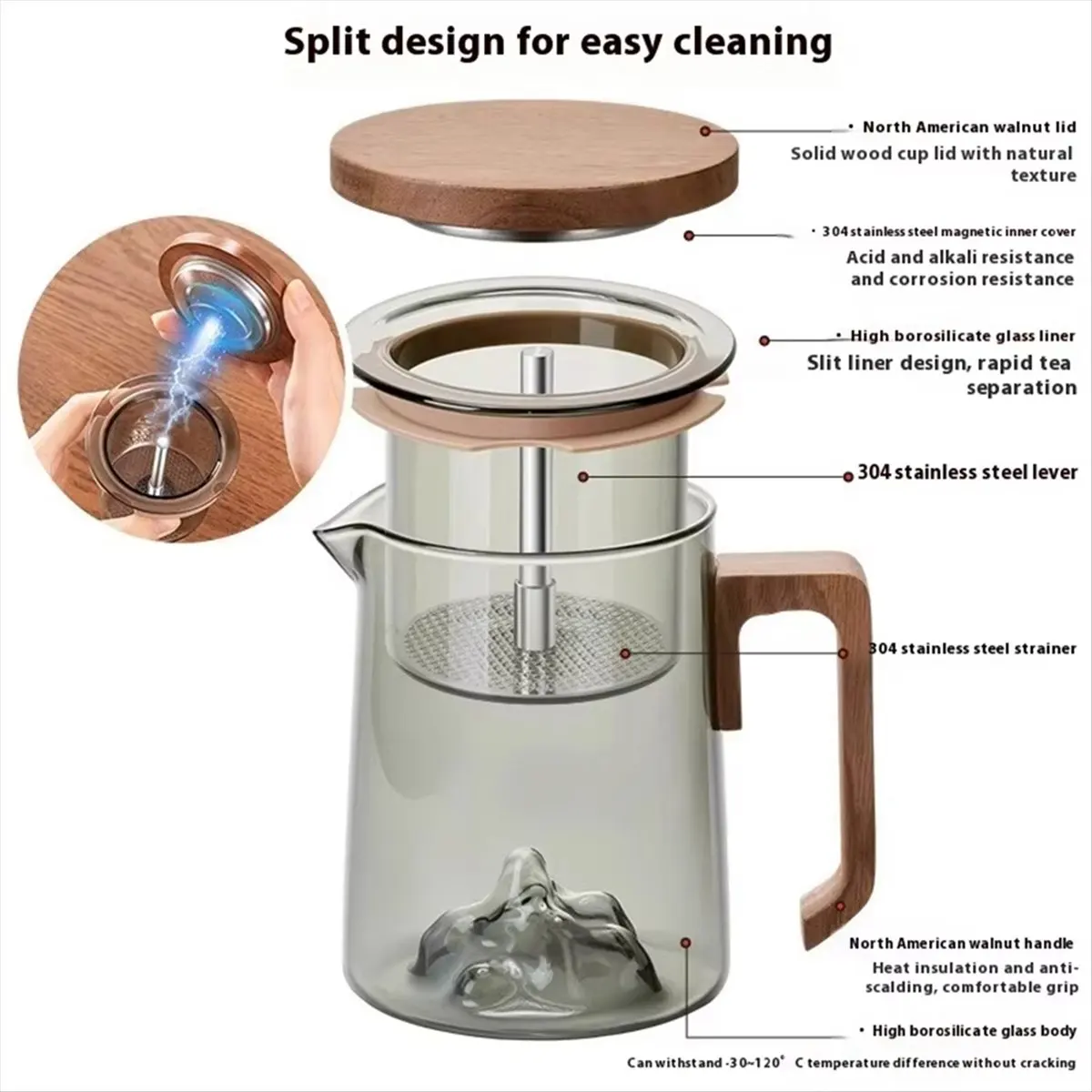 2026 Trend Coffee Pot with Filter Glass High Temperature Resistance Filtration Separation Teapot One Click Filtering Glass Pot