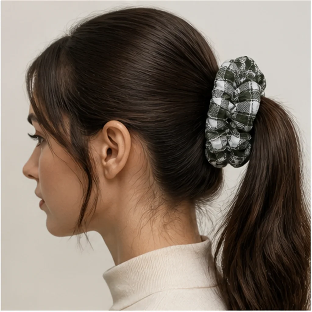 Green White Gingham Large Scrunchie Handmade Elastic Hair Tie Voluminous Ponytail Holder Fashion Hair Accessory for