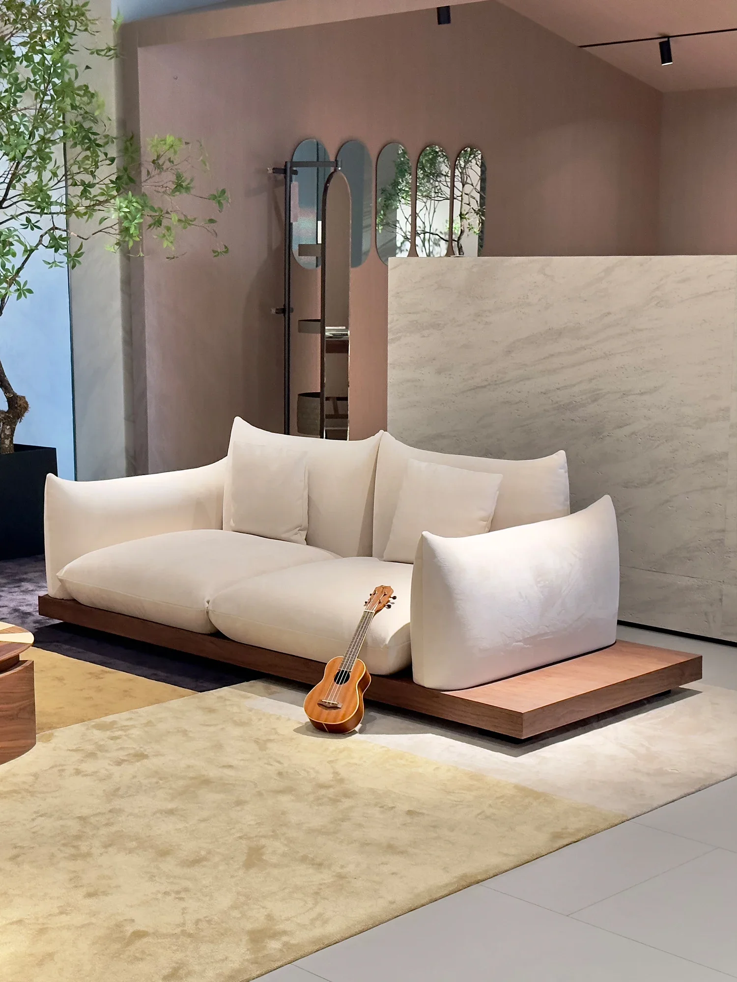 Cream Linen Fabric Sofa Wooden Platform Oversized Pillow Armrests Deep Seat 2 Seater For Living Room Villa Bedroom Home Decor