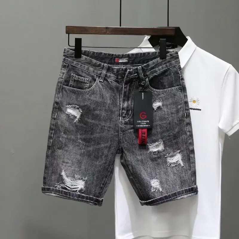 Men's Summer Fashion Hole Ripped Jeans Shorts Capris Casual Gray Beggar Denim Shorts