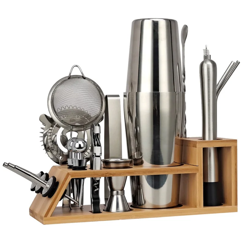 

Stainless steel mixer, creative bamboo stand cocktail shaker, mixer tool set