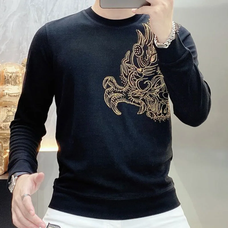 

Men's T-shirt Long Sleeve Fall Luxury Black Gold Dragon Pattern Rhinestones Bottom T-Shirt Social Club Outfits Tee Shirt Homme