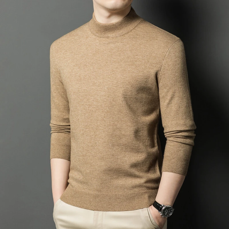 Half-high Collar Slim-fit Basic Solid Color Men's Warm Autumn and Winter Sweater, Daily Casual Long-sleeved T-shirt.