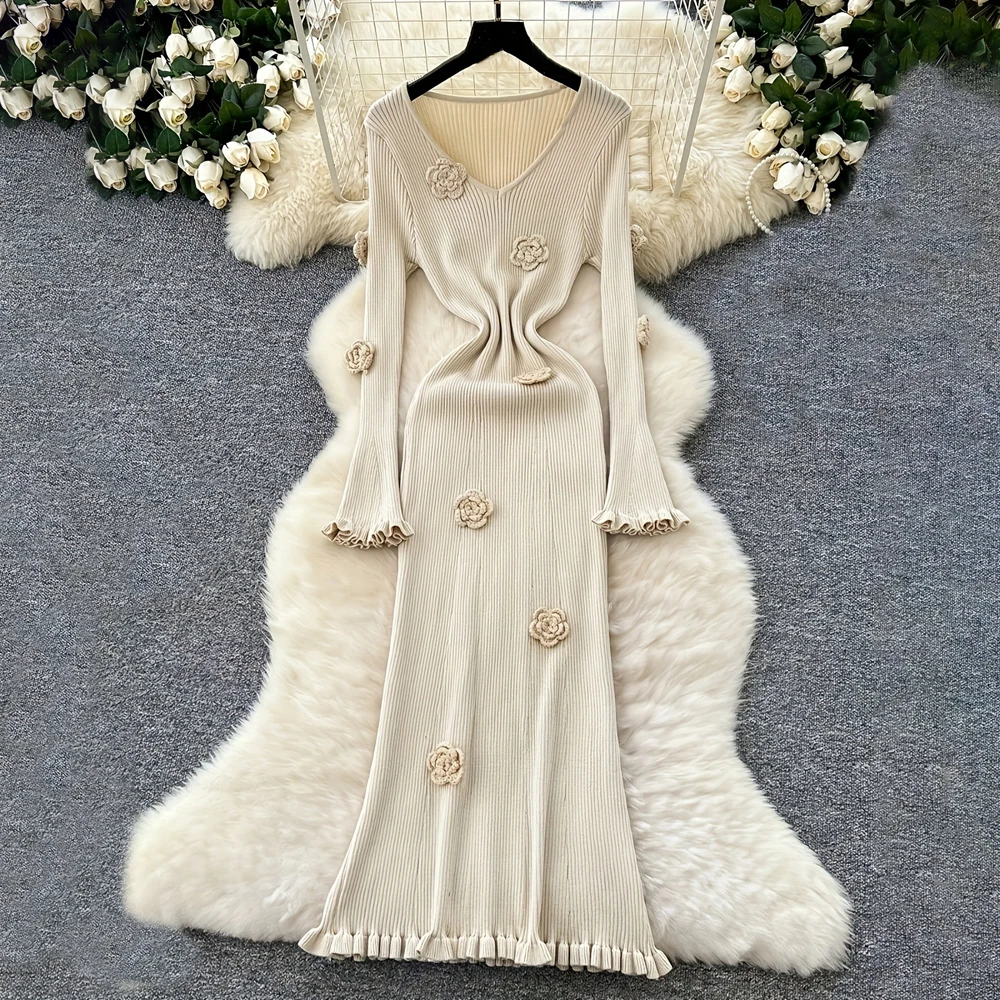 فستان حمل التقطت الصور العاج متماسكة الرجعية الخامس الرقبة جرس كم ثلاثية الأبعاد الأزهار الحمل ثوب طويل الأكمام فستان الحمل التصوير #3