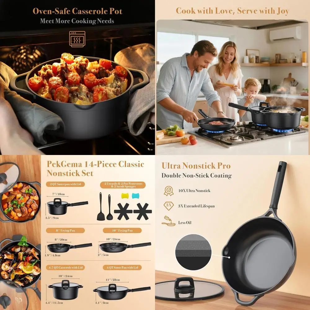 

14-Piece Nonstick Cookware Set, Induction Compatible with Pour Spouts, Oven-Safe, PFOA-Free, Classic Black