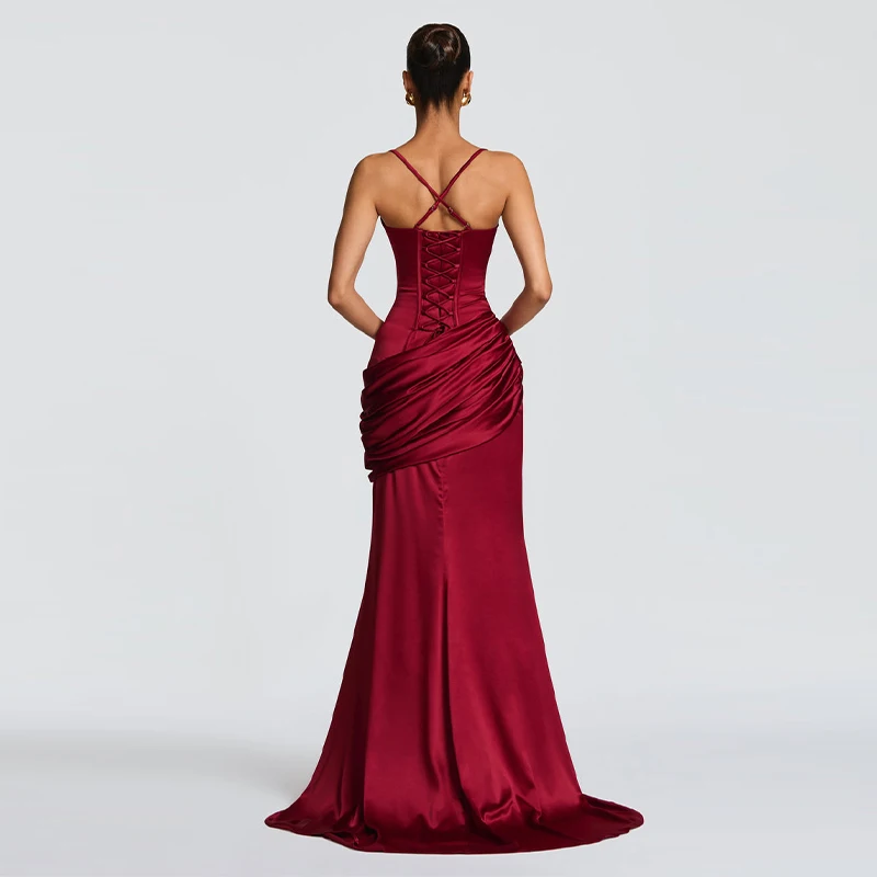 2026 Nieuwe Dame Satijnen Jurken Visgraat Corset Top Geplooide Lange Rok Party Vakantie Elegante Maxi Gewaden Slim Fit Luxe Vestidos