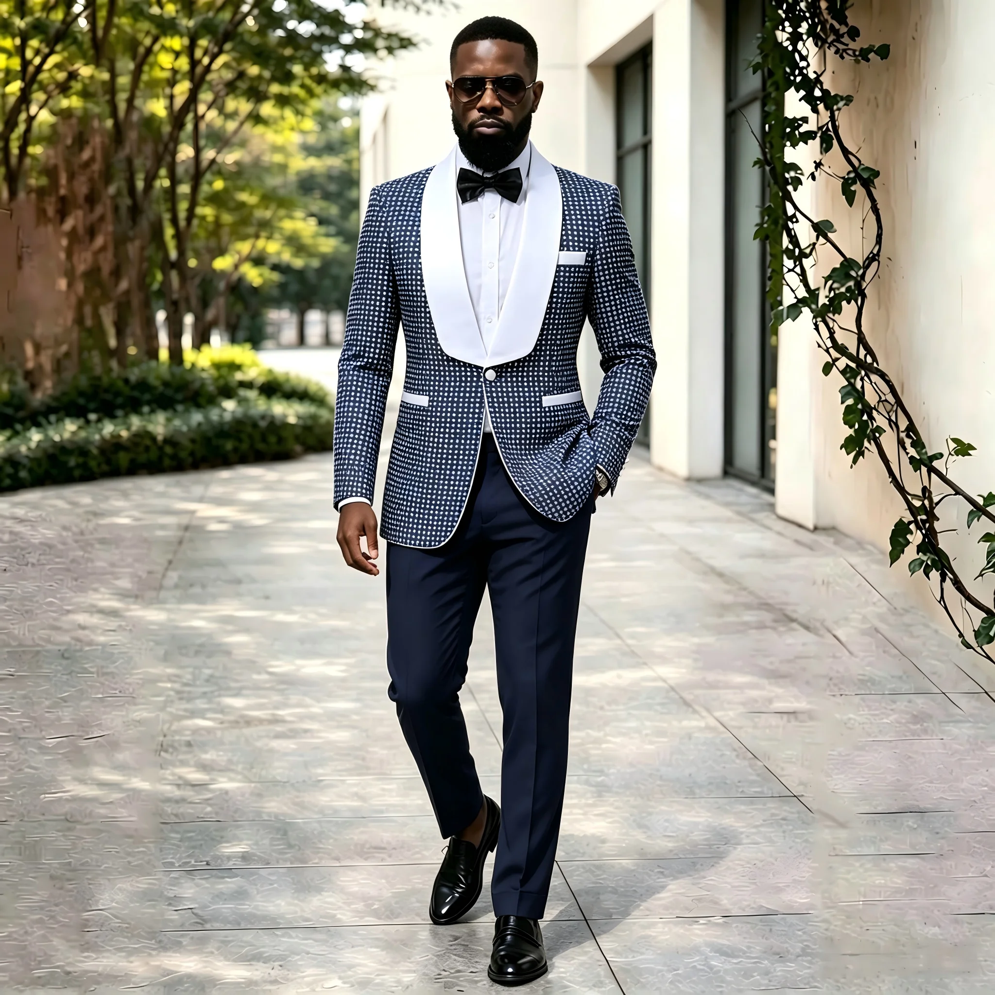 Navy Blue Polka Dot Wedding Tuxedo Groom Suits For Men Prom Party Shawl Lapel Blazer With Pants 2 Pcs Set Best Man Costume