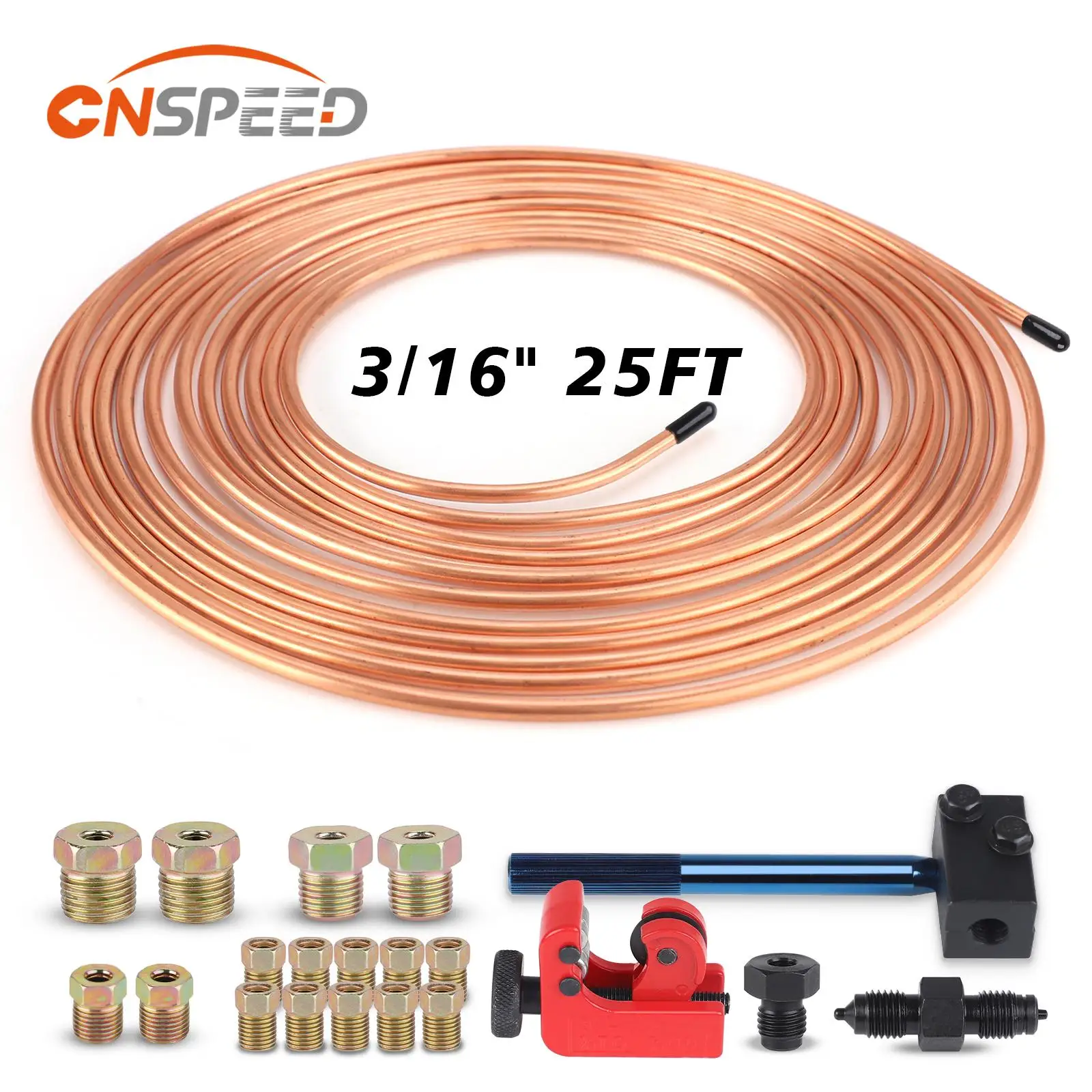 

CNSPEED 25Ft 3/16" OD Copper Nickel Alloy Brake Line Pipe Tube With Double Flaring Tool Tubing Cutter 16PCS Tube Nuts Repair Kit