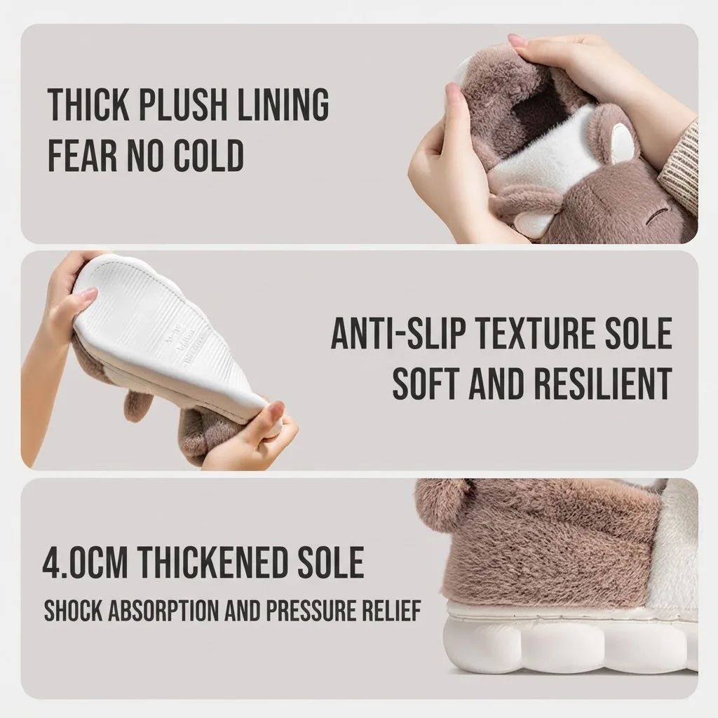 Niedliche Bären-Winter-Hausschuhe, warm, für Damen und Herren, mit dicker Sohle, weichem Plüschfutter, rutschfest, für drinnen und draußen, lässige Hausschuhe. – Detail 23