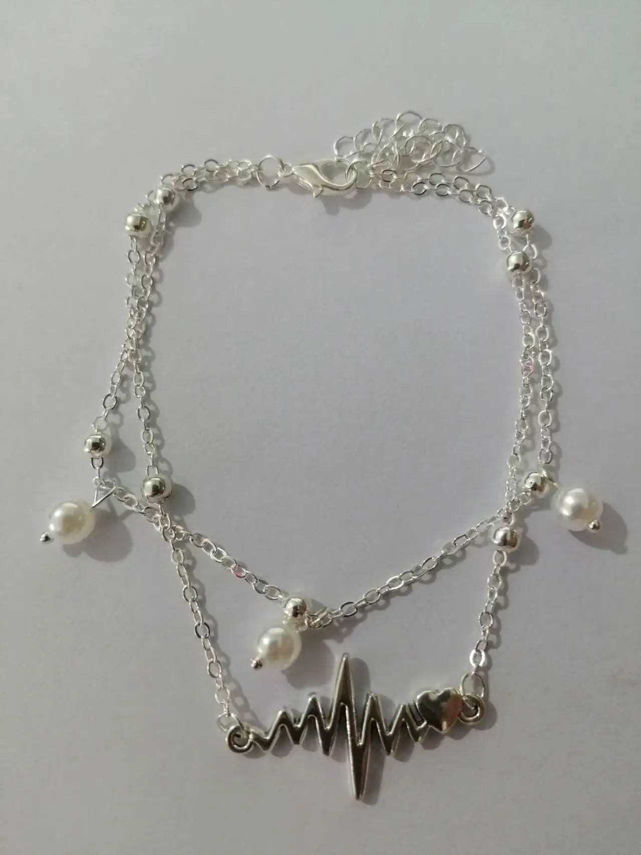 Creative Design Electrocardiogram Anklet for Women Double Layer Pearl Pendants Chains Silver Color Links Foot Jewelry Wholesale