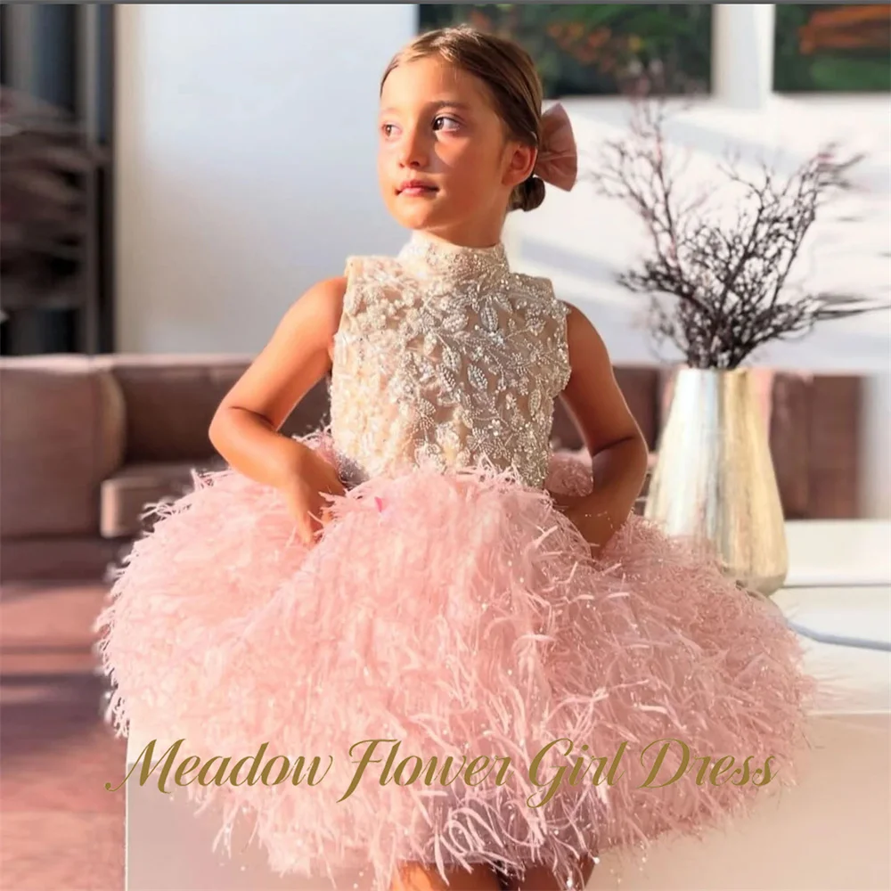Meadow Pink Ball Gown Party Tutu Dresses High Neck Children Birthday Wedding Dresses Sleeveless Beaded Leaf First Communion Gown