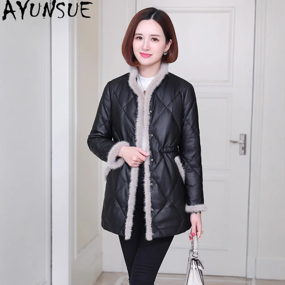 

AYUNSUE 100% Top Layer Sheepskin Genuine Leather Jacket Women Winter Down Coat Mink Fur Collar Md-length Trench Coats Loose Fit