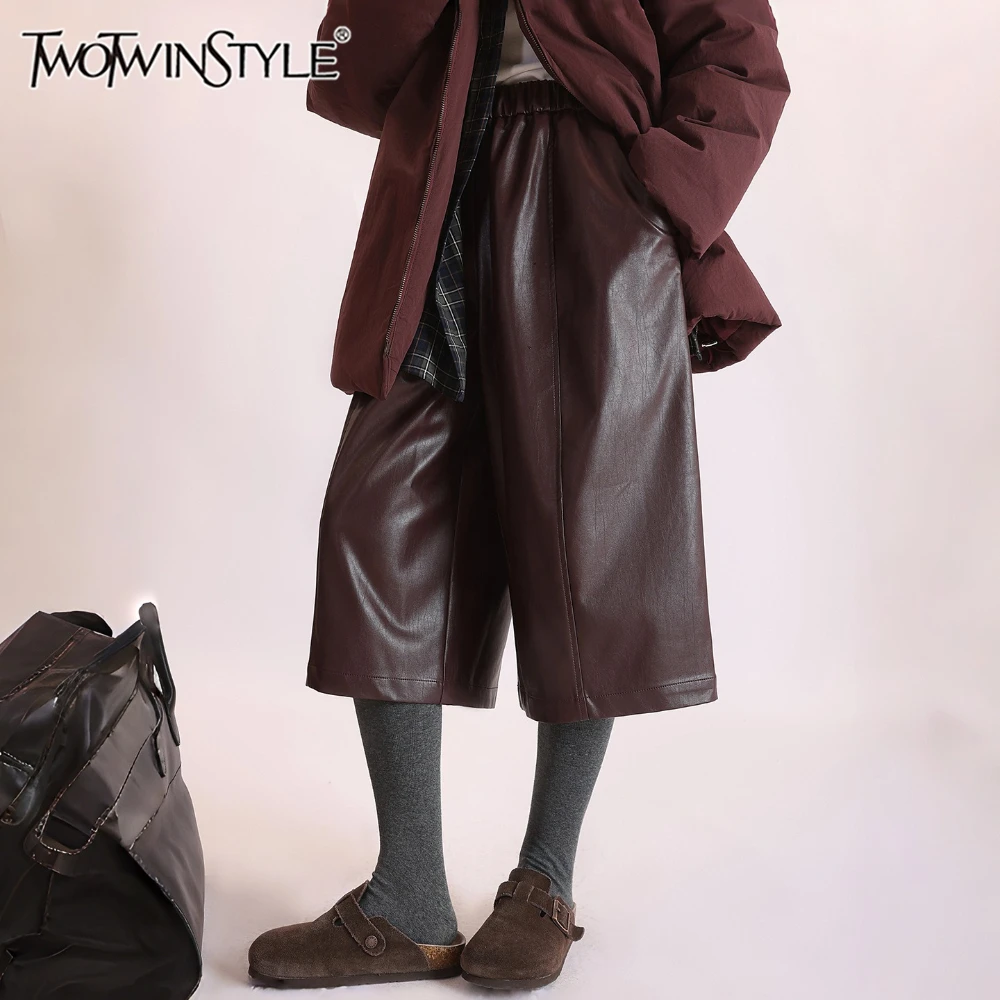 TWOTWINSTYLE ソリッドスプライス ポケットレザーパンツ 女性用 ハイウエスト ルーズ ストリートウェア ヴィンテージ レディースパンツ 秋の新作ファッション