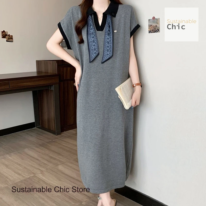 

French style fashion loose polo neck dress women summer plus size fashion temperament high sense straight casual dress