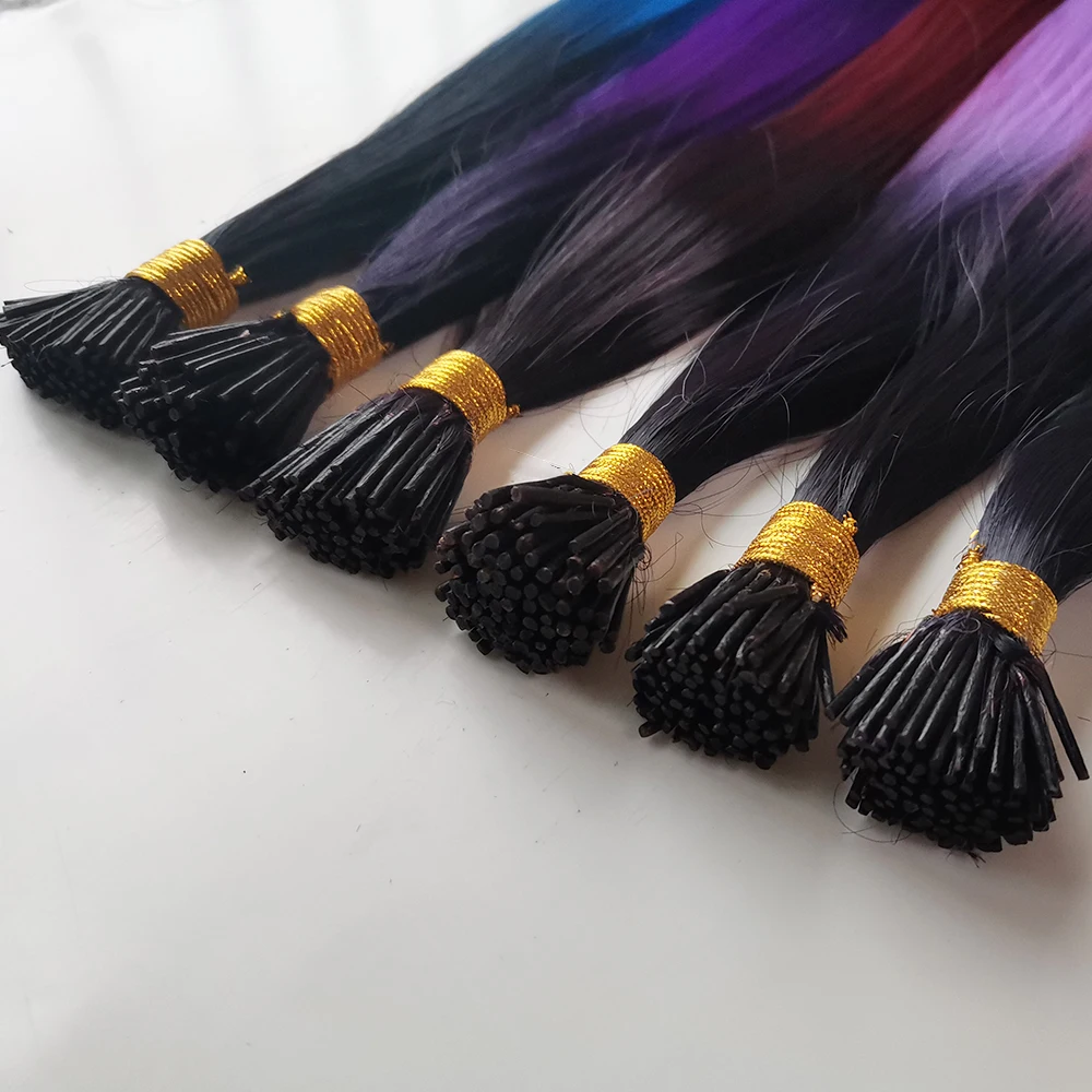 Colorful Hair Extensions I Tip Hair Rainbow Hairpieces Ombre Color 16inch 100 Strands/set  For Women Synthetic Hair Accessiories