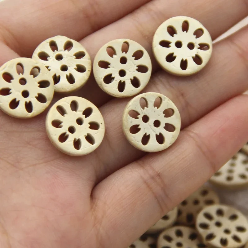 13mm Hollow White Coconut Wood Natural Buttons For Clothing Flower Carved Sewing Crafts Wooden Children Scrapbooking Wholesale